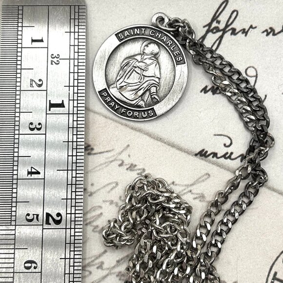 Vintage Silver Tone Saint Charles Borromeo Catholic Religious Medal Necklace - Picture 4 of 10